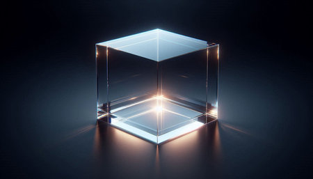 3D render of a transparent cube on a dark background with highlightsの写真素材