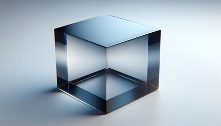 3d render of a glass cube on a light background with reflectionの写真素材