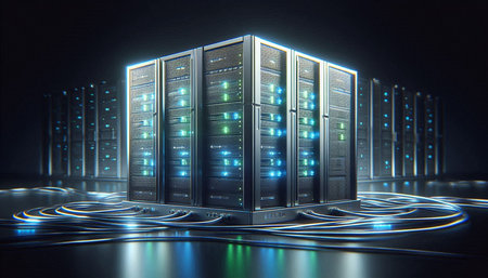 Server racks in data center. Backup, hosting, mainframe, farm and computer rack with storage...