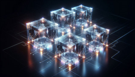 3D rendering of a wireframe cube in the form of a binary code