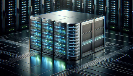 Server racks in data center. This is a 3d render illustrationの写真素材