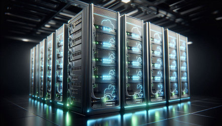 Server room data center. Backup, mining, hosting, mainframe, farm and computer rack. 3d render