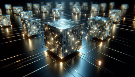 Abstract 3d rendering of chaotic cubes with glowing lights. Technology background.の写真素材