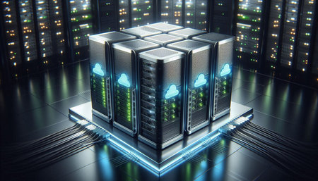 server room data center with cloud computing icon 3d rendering image.