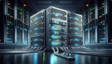 3D rendering of server room with servers and data center equipment.