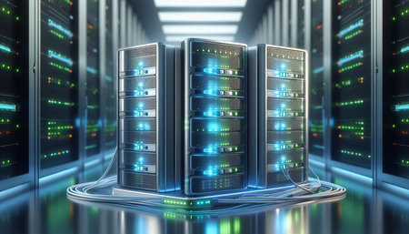 3d render of servers in data center. Data center hardware.