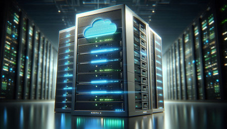 Cloud computing concept with servers in data center. 3d render illustration