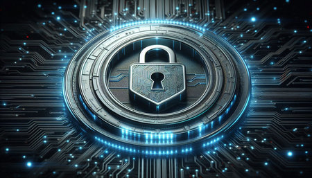 Cyber security concept with closed padlock on circuit board 3D rendering