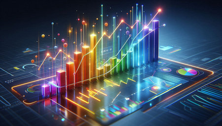 Futuristic interface with colorful graphs and diagrams. 3d rendering