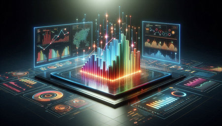 3D rendering of a tablet with financial charts and graphs on the screen