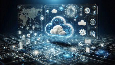 Cloud computing technology concept. 3d rendering toned image double exposure