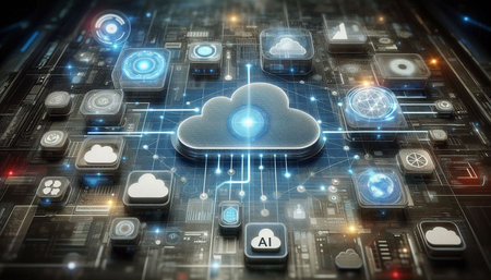Cloud computing technology concept. 3d rendering toned image double exposure
