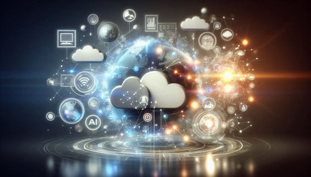 Cloud computing technology concept. 3d rendering toned image double exposure