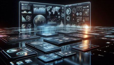 Futuristic user interface with hologram screens. 3d rendering