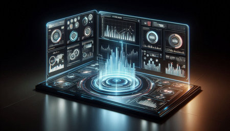 Futuristic user interface 3D rendering on black background with blue lights