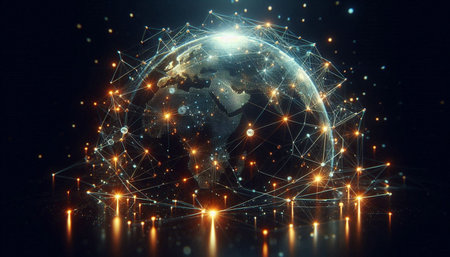 Global network connection concept. 3d rendering toned image double exposureの写真素材