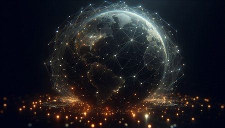 3D rendering of digital globe with connection lines and dots on dark backgroundの写真素材