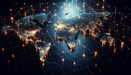 Global network connection over world map. 3d rendering toned image double exposure
