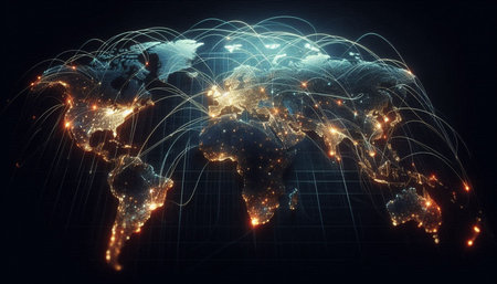 Global network connection over world map. Globalization concept. 3D Rendering