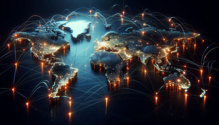 Global network connection concept with glowing lines on dark background. 3D rendering