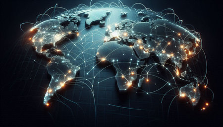 World map with glowing lines representing global communication concept. 3D rendering