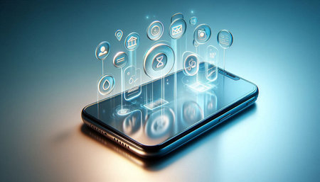 Smartphone with application icons on the screen. 3d rendering.