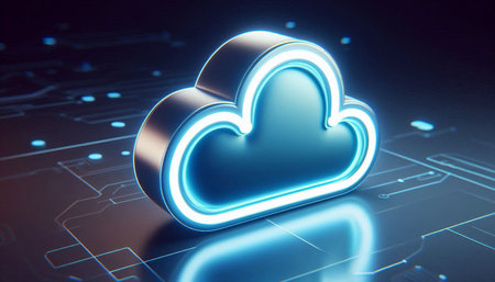 Blue neon cloud icon on a black background. 3D Rendering