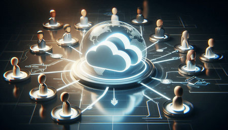 Cloud computing concept. 3d rendering, toned image double exposure