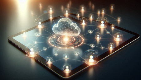 Cloud computing concept. 3d rendering toned image double exposure.