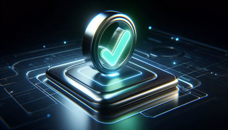 3d rendering of a check mark on a button in the dark background