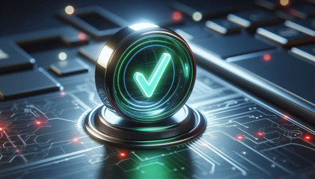 3D rendering of a futuristic button with a check mark in the center