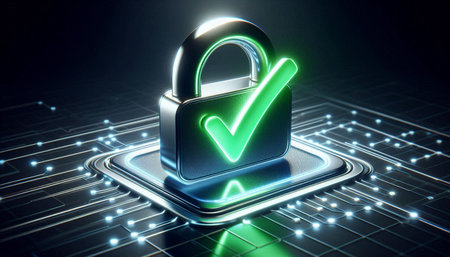 3D rendering of a padlock with a green tick on a black background
