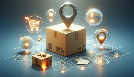 Online shopping concept with carton box and map. 3d rendering