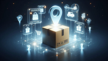 Box with tracking app icons on dark background 3D rendering toned image double exposure