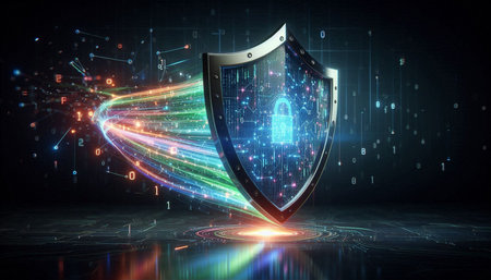 Cyber security concept with shield and binary code on dark background 3D rendering