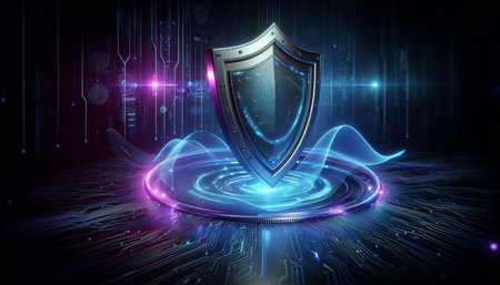 Cyber security concept with shield against blue glowing background 3D rendering