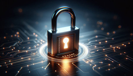 Cyber security concept with closed padlock on circuit board 3D rendering
