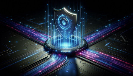 Cyber security concept with shield and binary code. 3d rendering