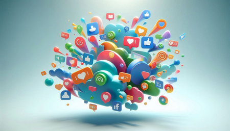 Social media concept with colorful social media icons flying in air. 3D rendering