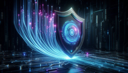Cyber security concept with shield against glowing blue background 3D renderingの写真素材