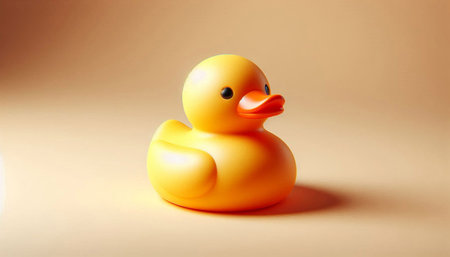 Yellow rubber duck on beige background. Shallow depth of field.の写真素材