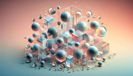 Abstract 3d rendering of cubes and spheres. Futuristic background.