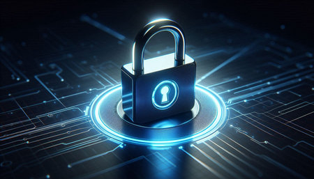 Cyber security concept with padlock on circuit board 3D rendering