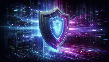 Cyber security concept with shield on circuit board background 3D rendering