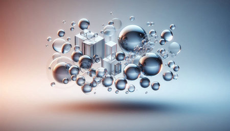 Abstract 3d rendering of cubes and balls in space. Futuristic background.