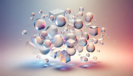 3d rendering of abstract geometric composition, cubes and balls in empty spaceの写真素材