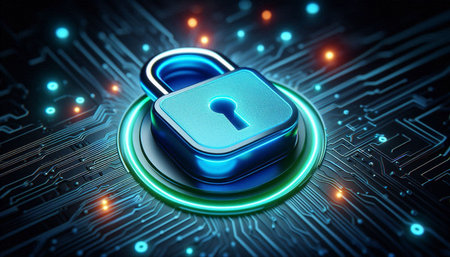 Cyber security concept with closed padlock on circuit board 3D rendering