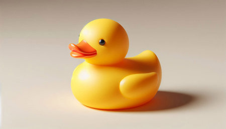 Yellow rubber duck isolated on a white background, close-up.