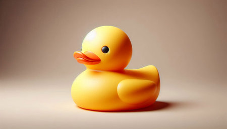 Yellow rubber duck toy on a beige background, 3d renderの写真素材