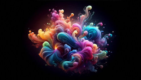 abstract colorful paint splashes on black background, 3d renderingの写真素材